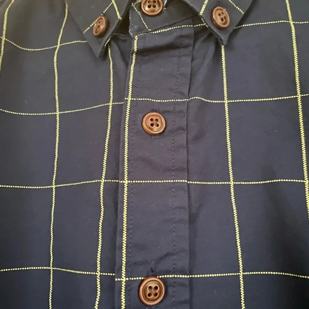 MUSE FATH Men's Small Preppy Navy Plaid Short Sleeve Collared Button Down Shirt